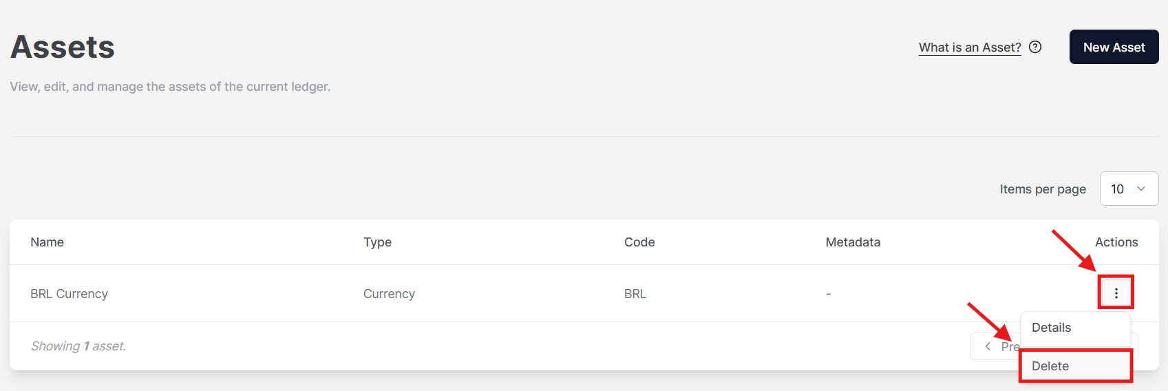 Figure 1. The option to delete an asset on the Actions menu.