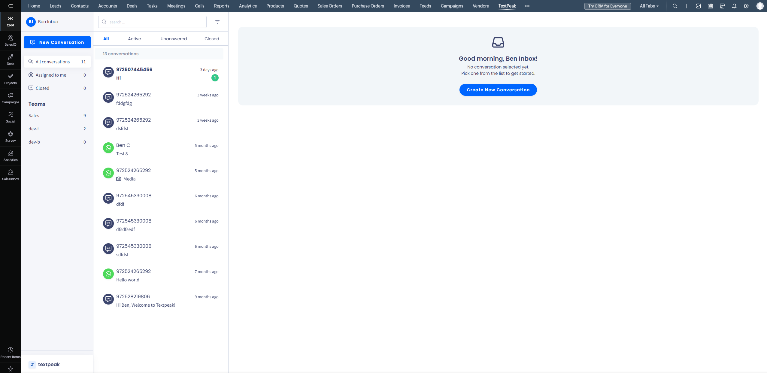 Screenshot of the Inbox inside Zoho CRM