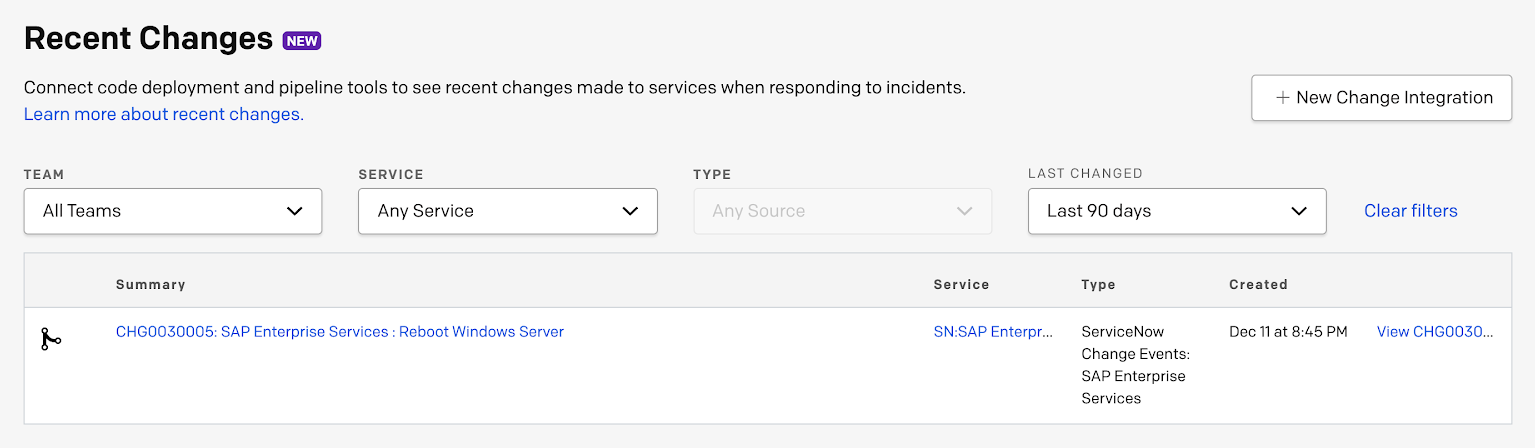 A screenshot of the PagerDuty UI detailing recent changes