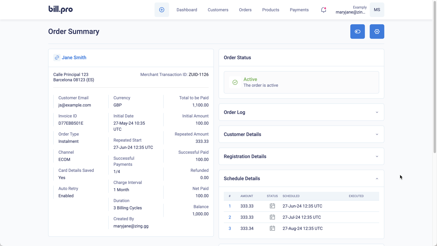 An active order with the schedule details of billing events.