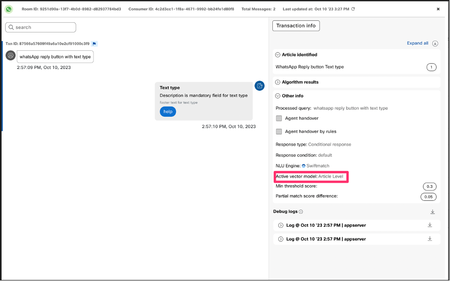 Vector model information in sesssions