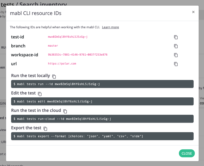 the mabl CLI resource IDs modal