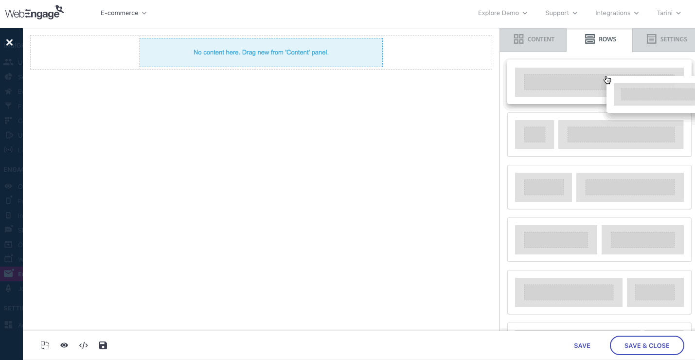 The blue blocks in the template represent a row and it's columns that can be filled with content blocks to create your template (click to enlarge)