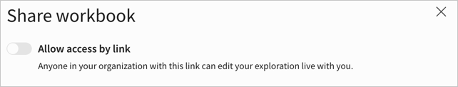 Share workbook modal with only Allow access by link showing for an unsaved exploration.