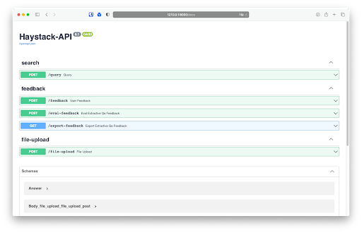 A screenshot of the Swagger website with Haystack REST API