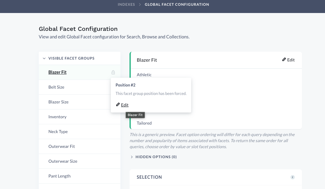 Facet slotting in the dashboard