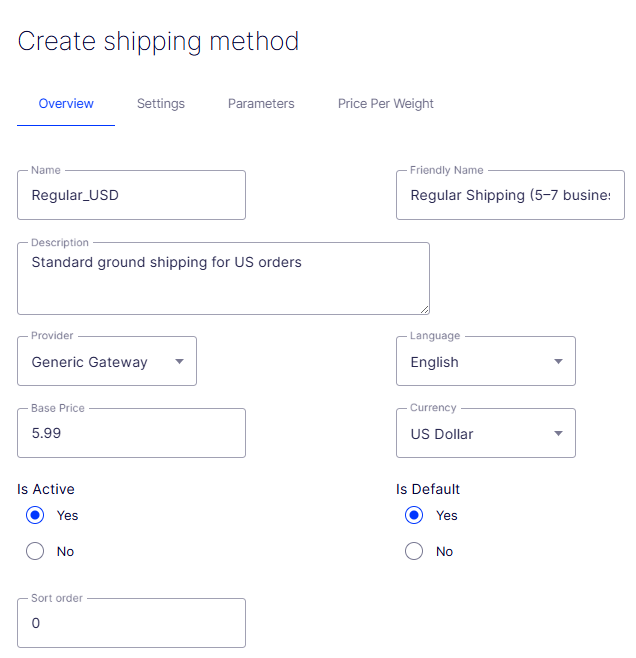 Create Shipping Method form showing Overview tab with Name, Friendly Name, Provider, Base Price, and Currency fields