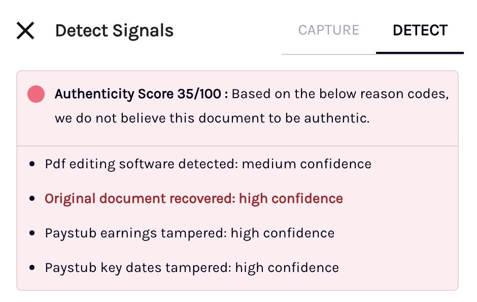 Authenticity score as shown in the **Detect** details tab. The document received a score of 40. Reason codes are listed below the score.