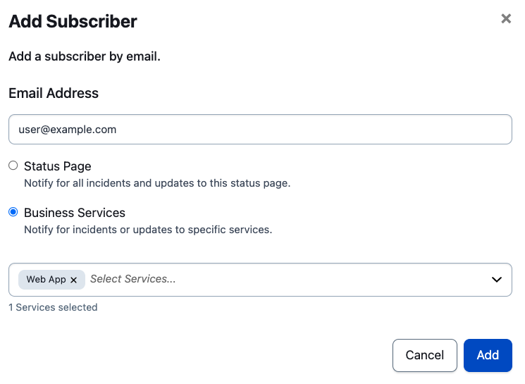 Subscribe a user to a business service