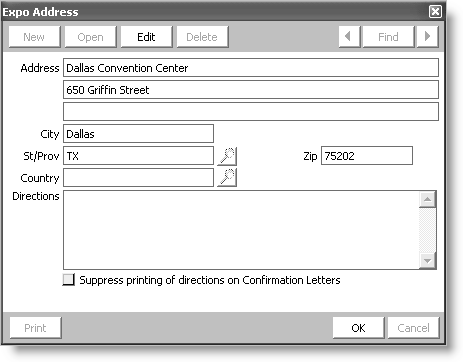 From Exposition, select Set up an exposition, double-click an exposition, click More, and select Address