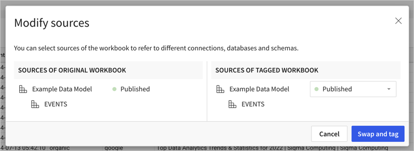 Modal as described, with a data model called Example Data Model and a table element called Events, showing the option to swap to a different tag of the same data model.