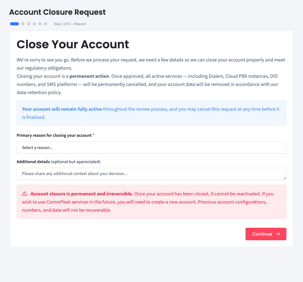Screenshot of the Account Closure Request: Step 1