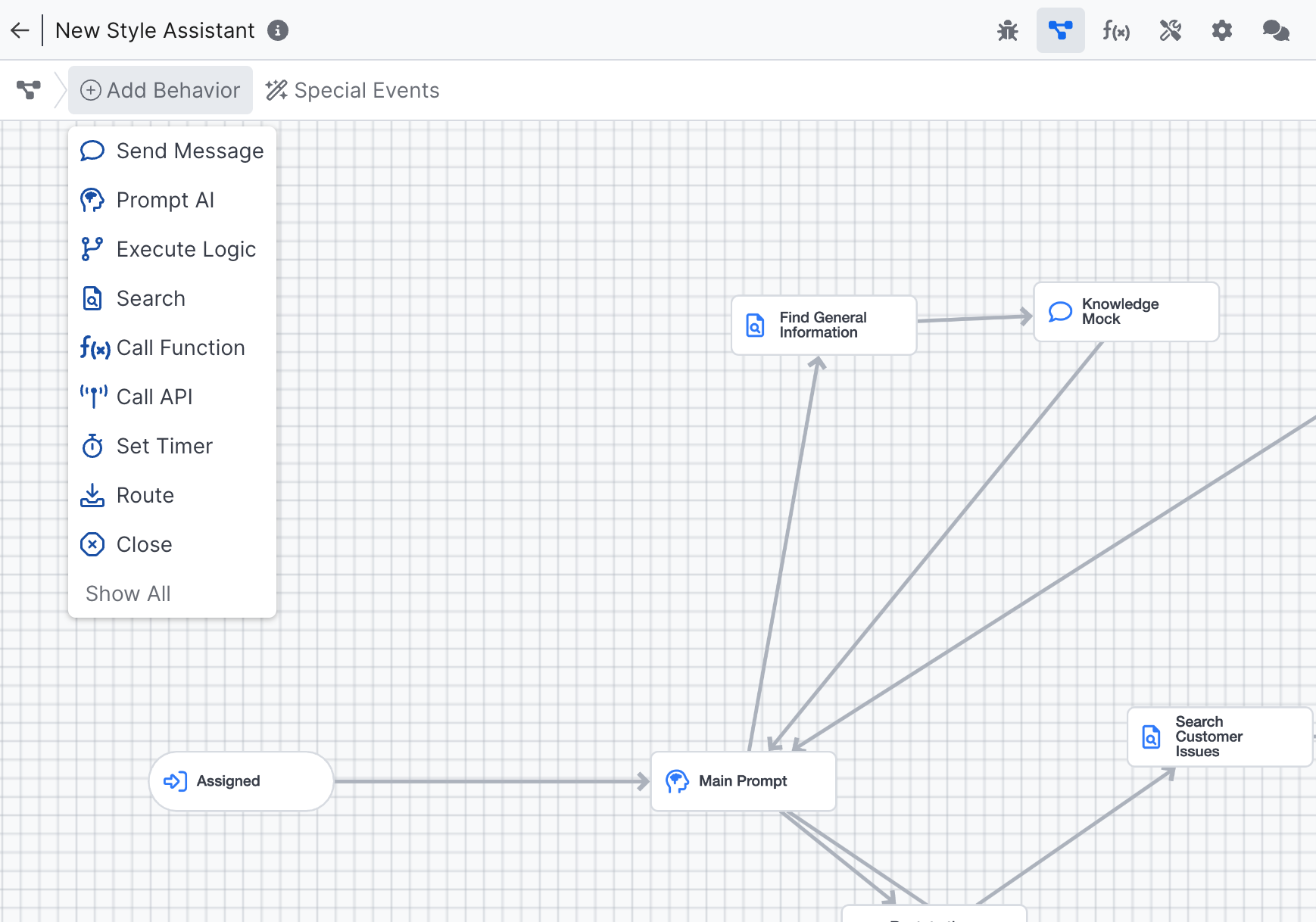 Preparing to add a Prompt AI Behavior to the flow with no other panels open