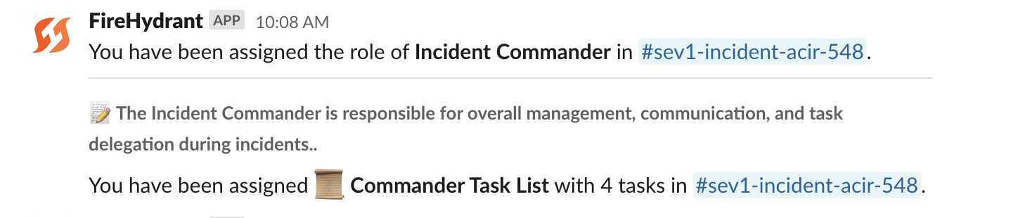 Example Slack DM from FireHydrant when assigned a role and/or task list