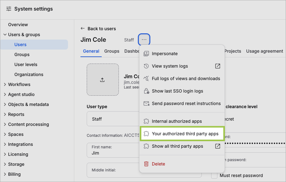 Open a user's authorized third-party applications in the actions menu