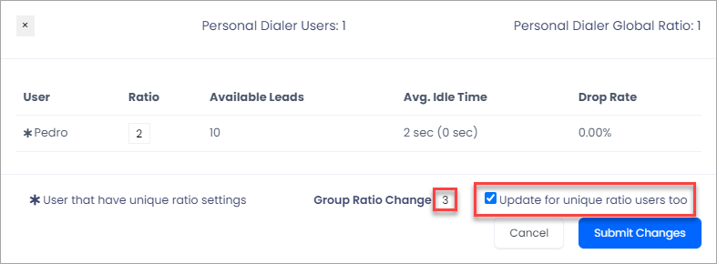 Screenshot of updating the ratio for all PPQ agents, including the unique ones