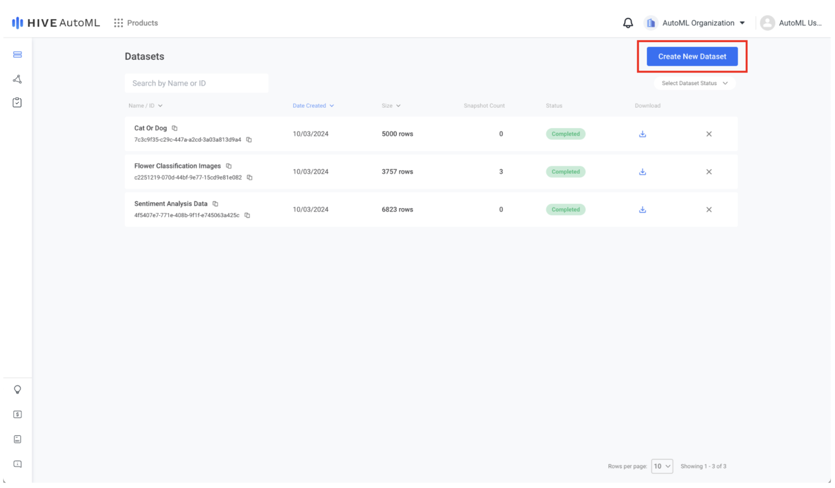 AutoML Dataset Page