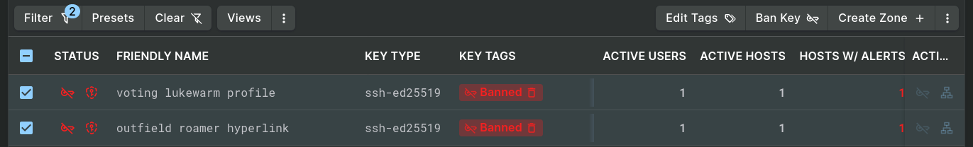 A screenshot of banned keys and the Ban Key button in the Key Investigation data table