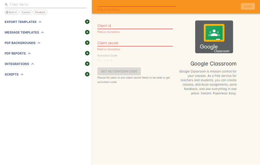 Google Classroom Integration window