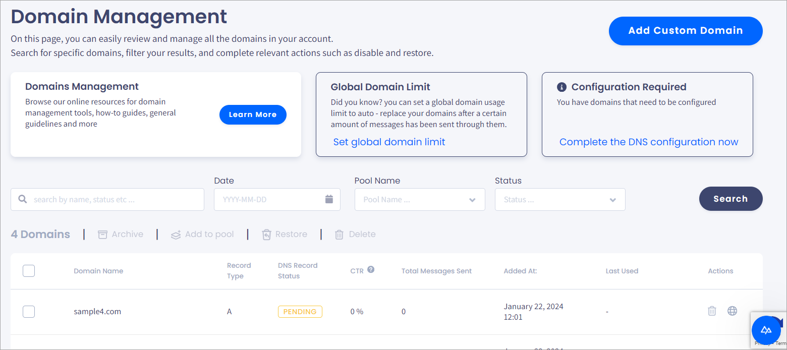 Screenshot of the **Domain Management** page