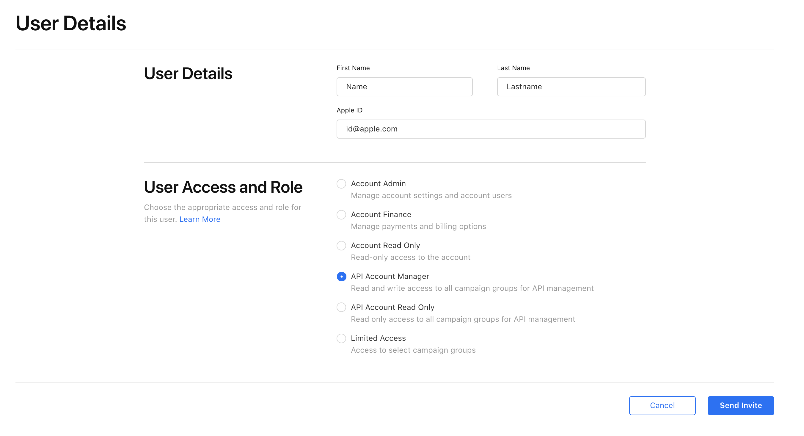 Apple Search Ads API access role
