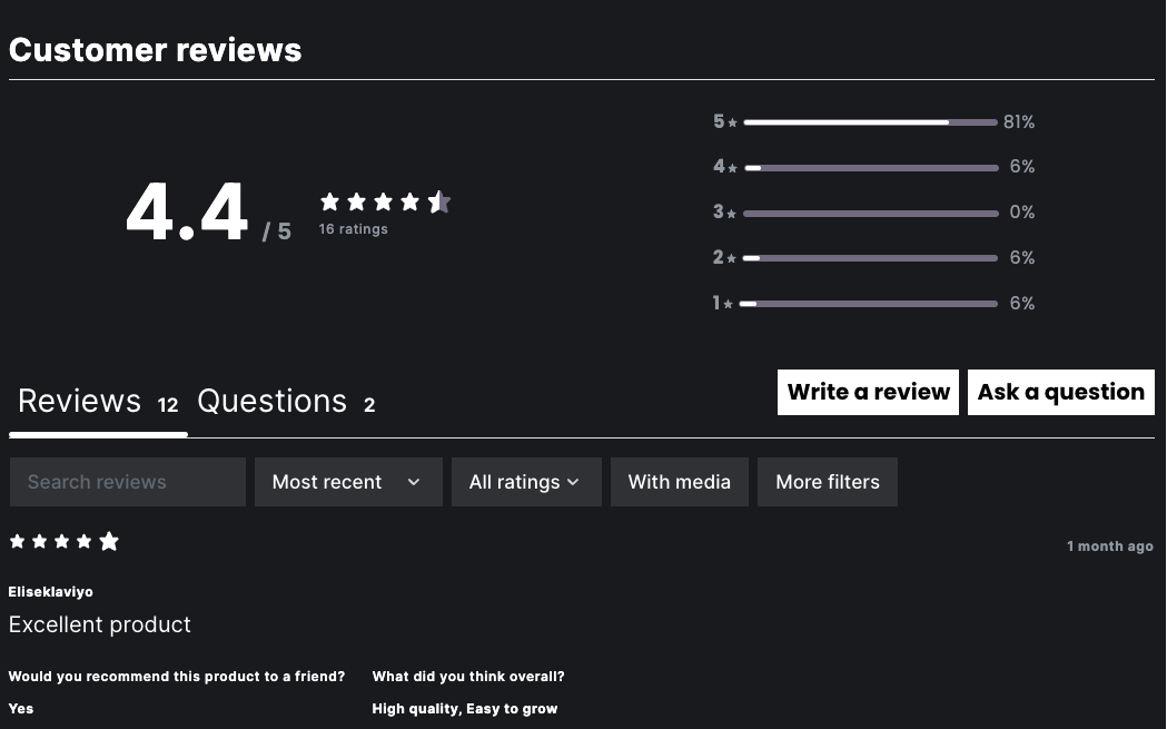 product reviews widget with CSS customization variables applied