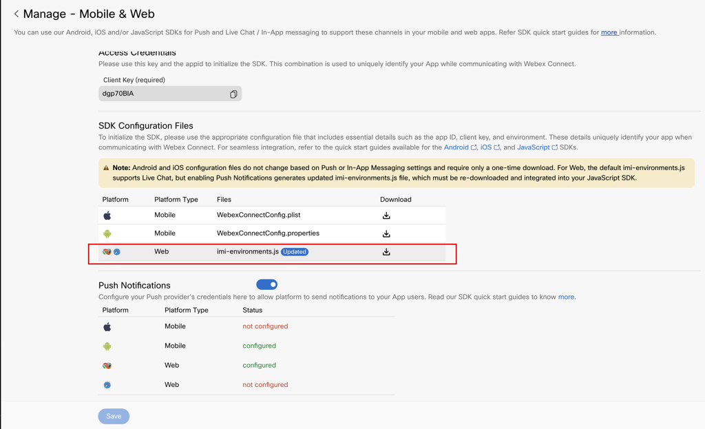 Screenshot of enabling Web Push Notifications generates updated imi-environment.js