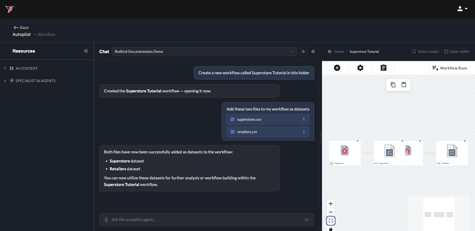 Autopilot's confirmation, with the Superstore and Retailers datasets on the canvas