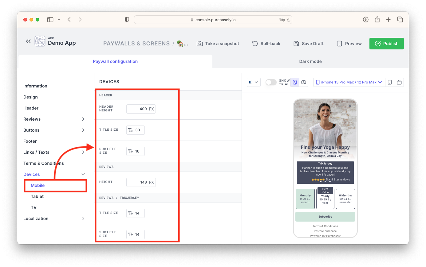 Override each component and font size for each device type to have the best design