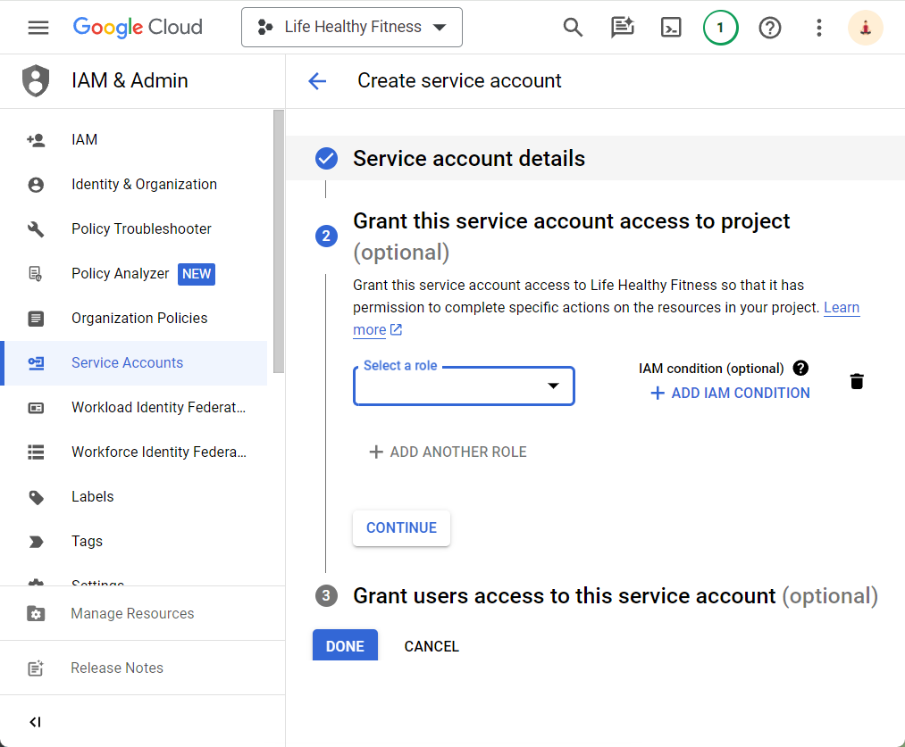 Adding roles to the service account