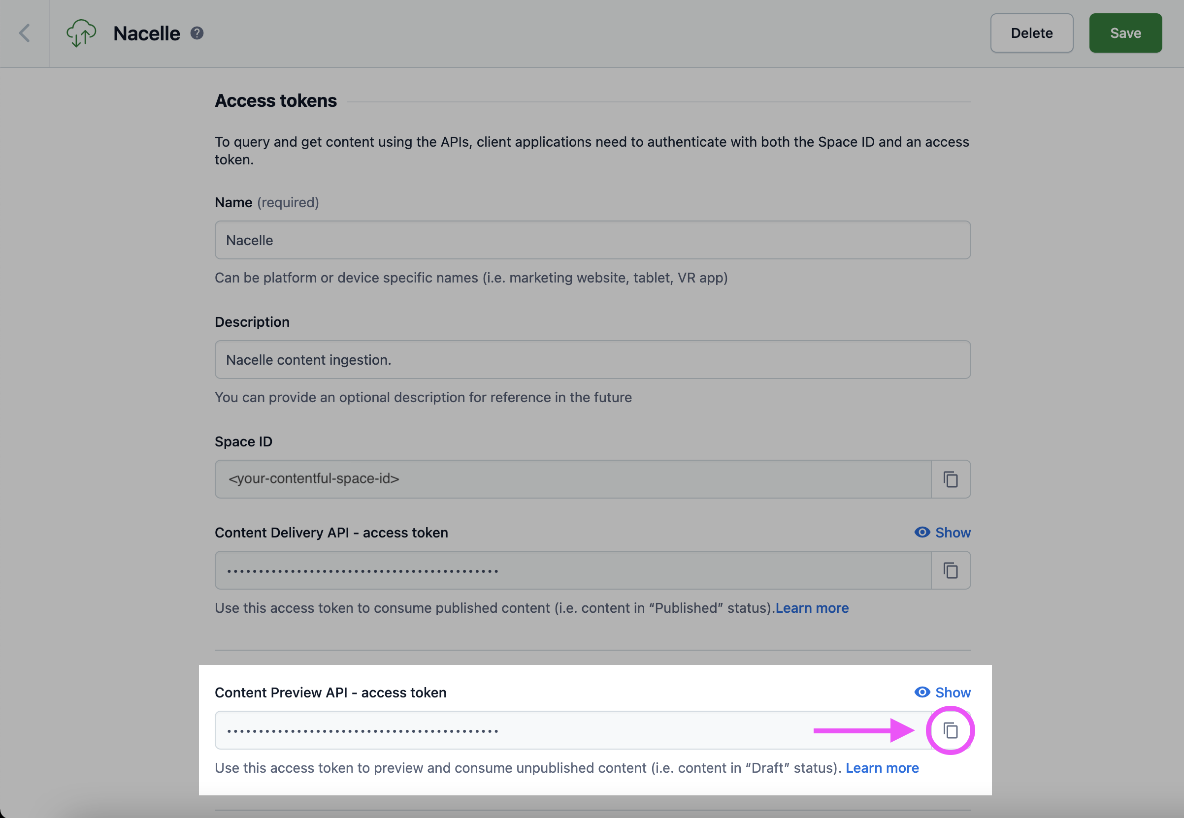 The "Contentful Preview API - access token" field contains a clipboard icon for copying the token of interest