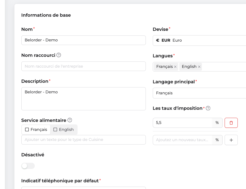 Carte Informations de base de l'entreprise affichant la devise, les langues proposées et la langue principale