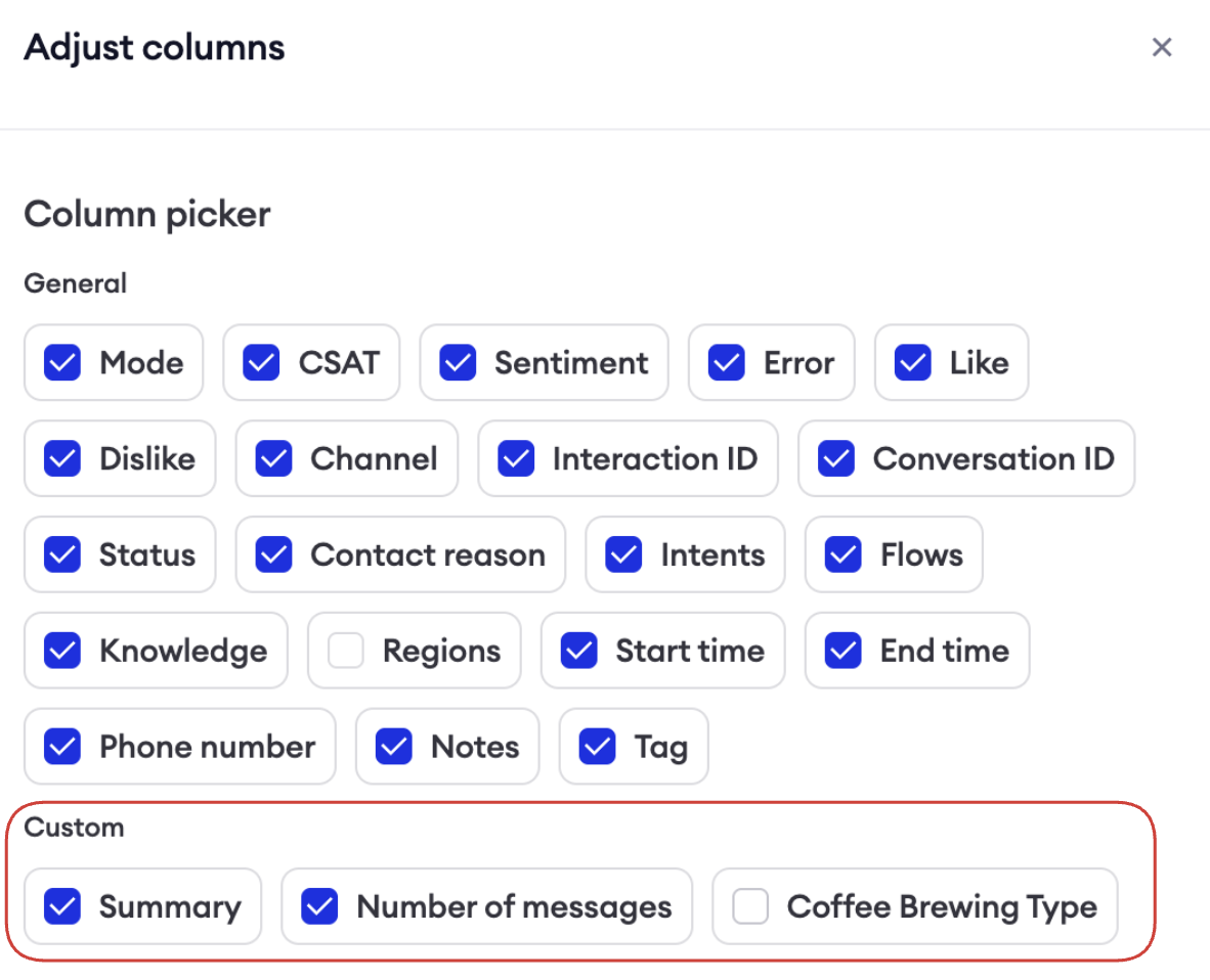 Custom Columns selected in the column selector