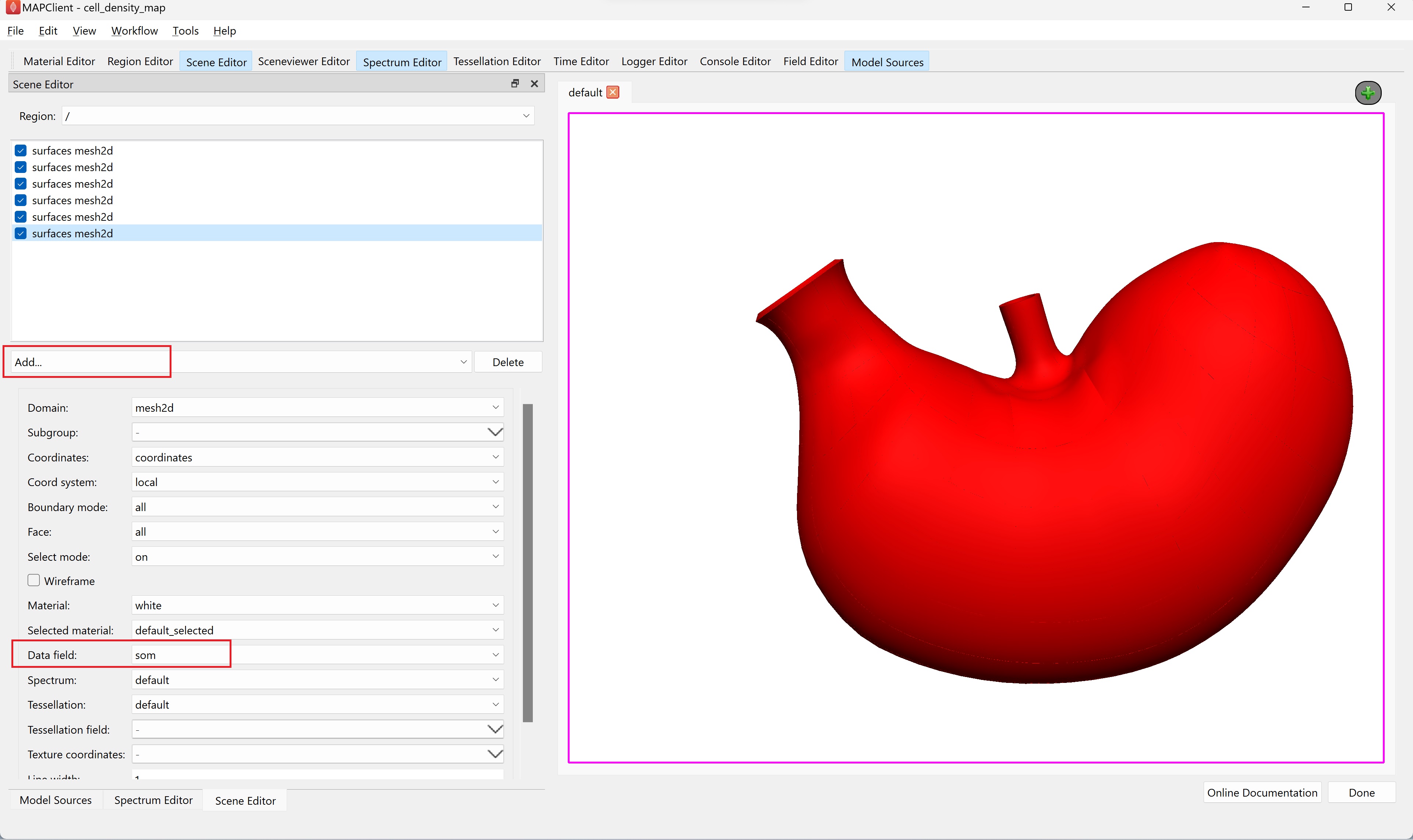 Figure 13. **Scene Editor** showing six surface graphics added for each cell density field