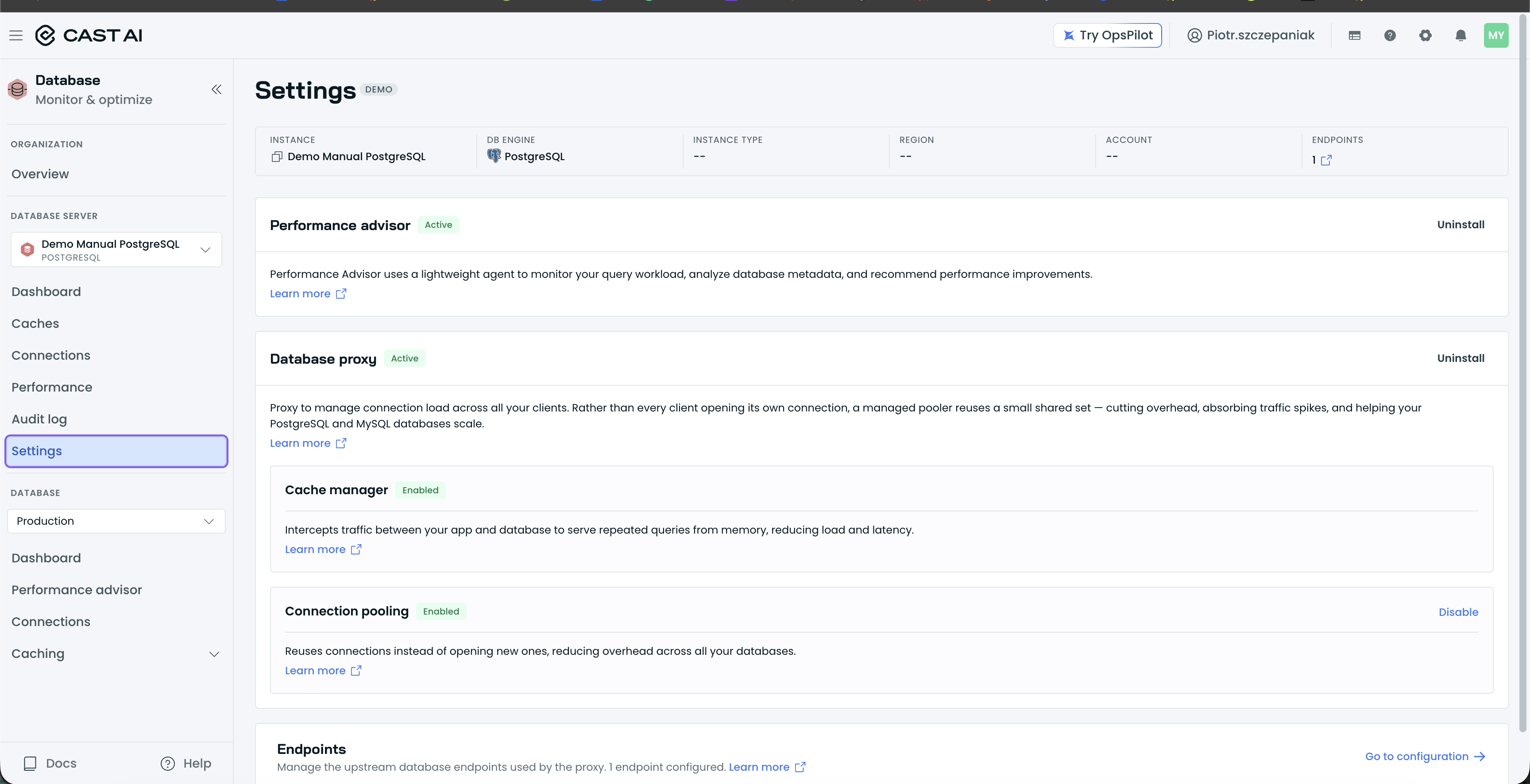 Instance Settings page with the Performance advisor card showing an Active badge