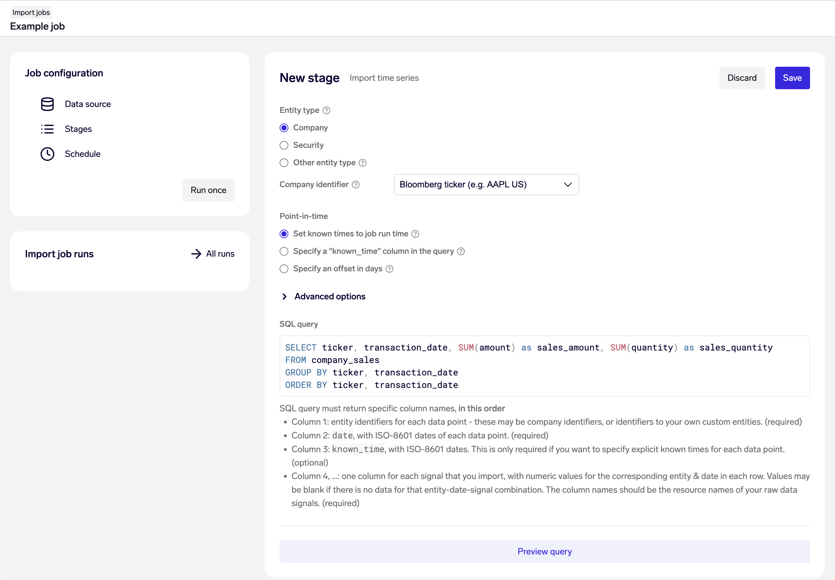 Example: Import time series for the signals `sales_amount` and `sales_quantity` on a company level from the `company_sales`table, looking up companies by their Bloomberg ticker.