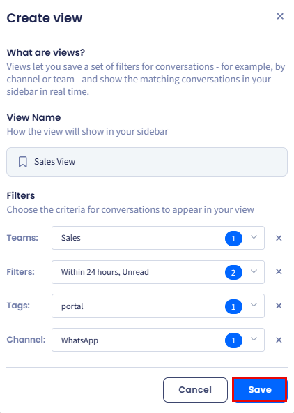 Screenshot of the Create view dialog showing the View Name field and the Filters section with the Add filter control