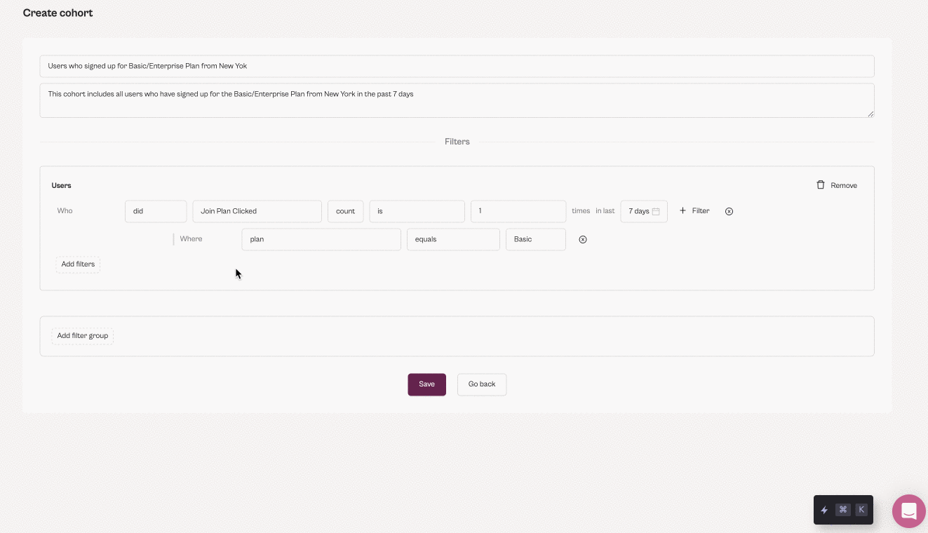 Add an AND filter to create cohort