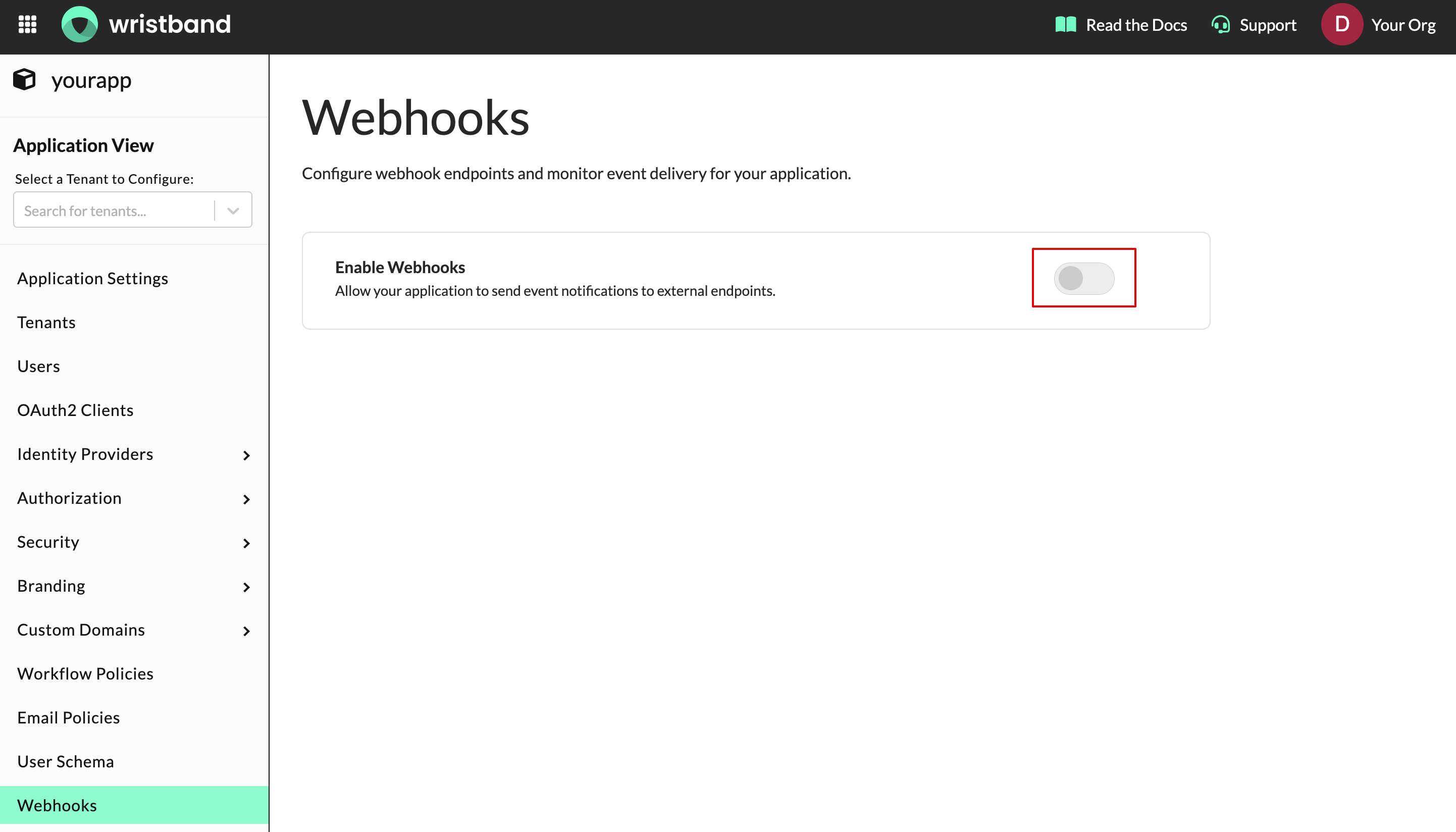 Wristband webhook configuration screen