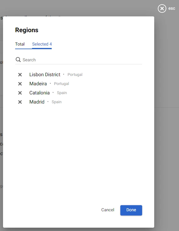 List of selected regions