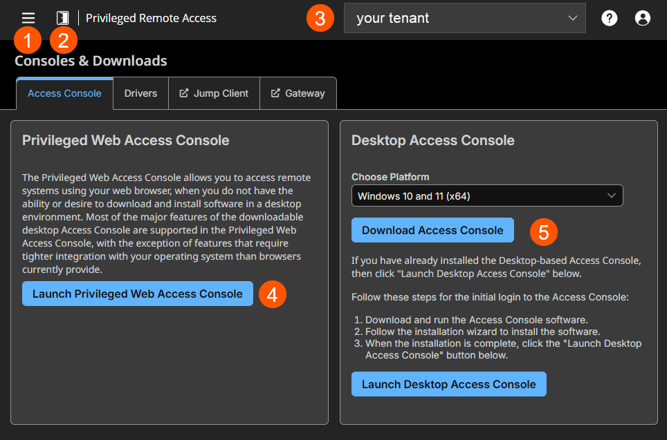 The image is the "Consoles & Downloads" section of a Privileged Remote Access application. It includes options for accessing the Privileged Web Access Console and Desktop Access Console, with instructions and buttons for launching each console.