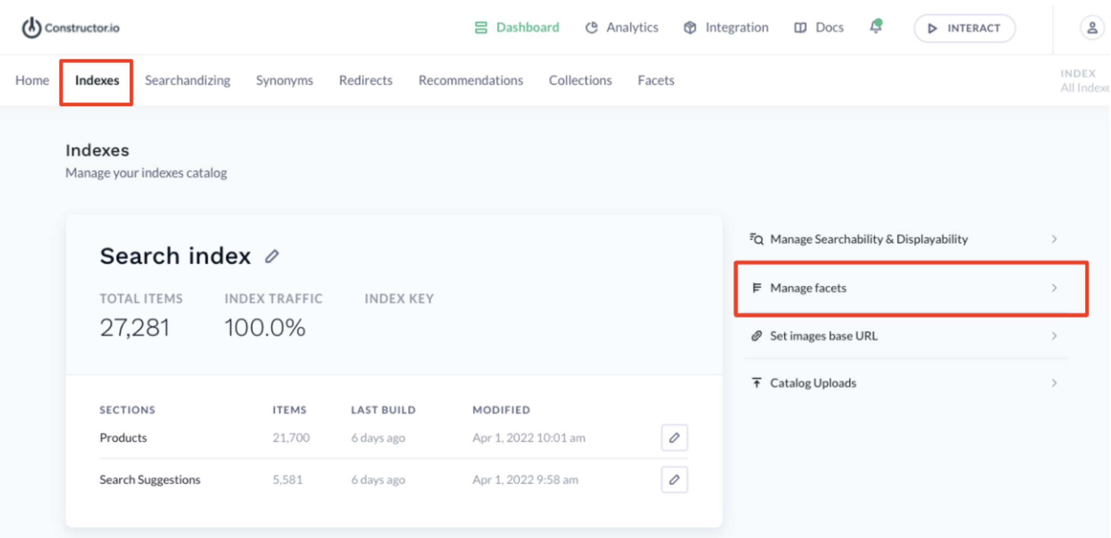 Facet configuration in the dashboard