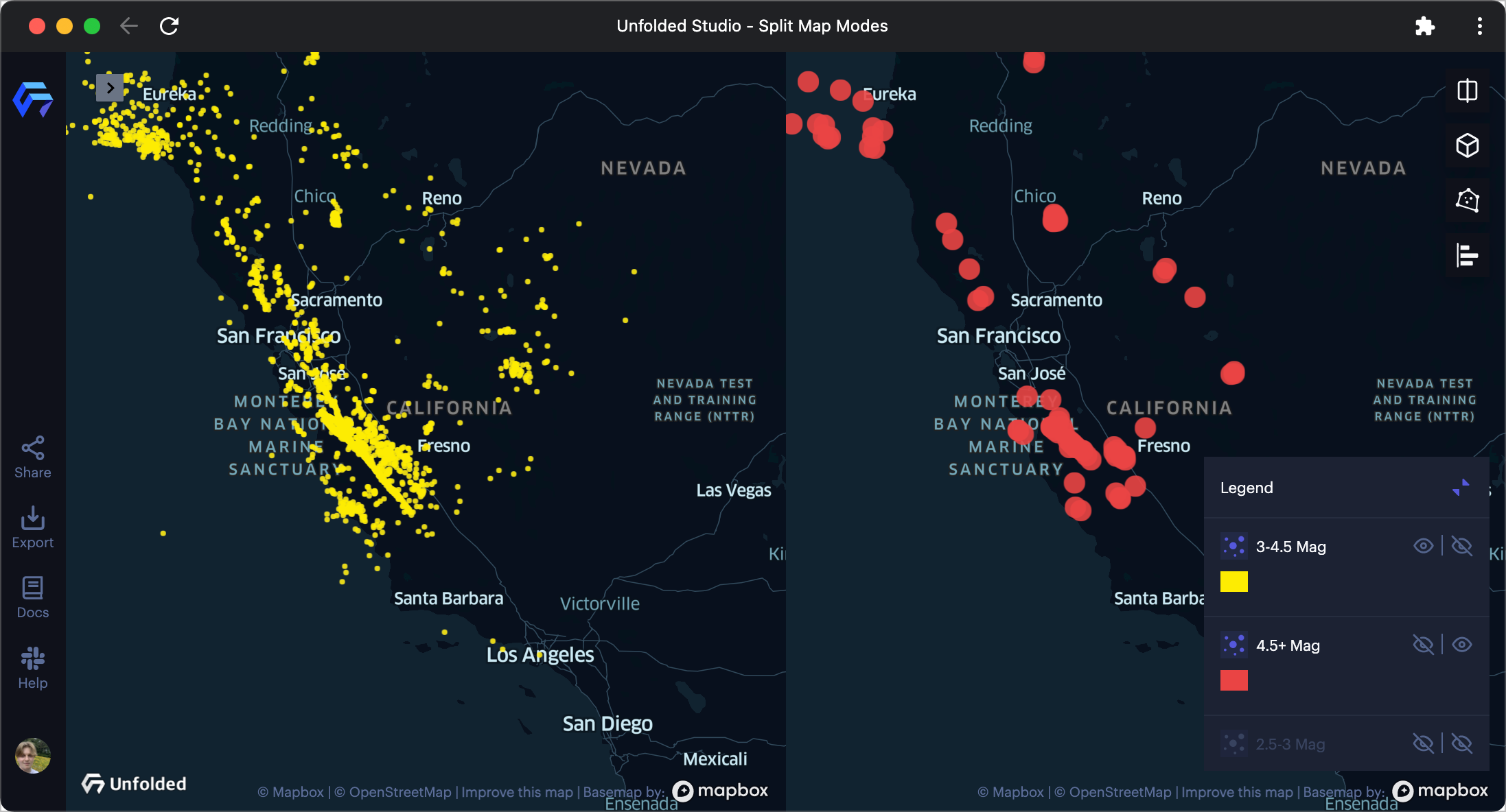 Earthquake data in Dual Map mode.