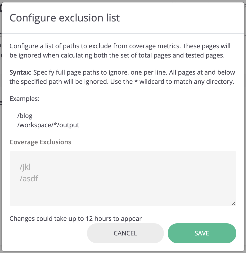 The coverage exclusion modal that is used to edit the list of paths.