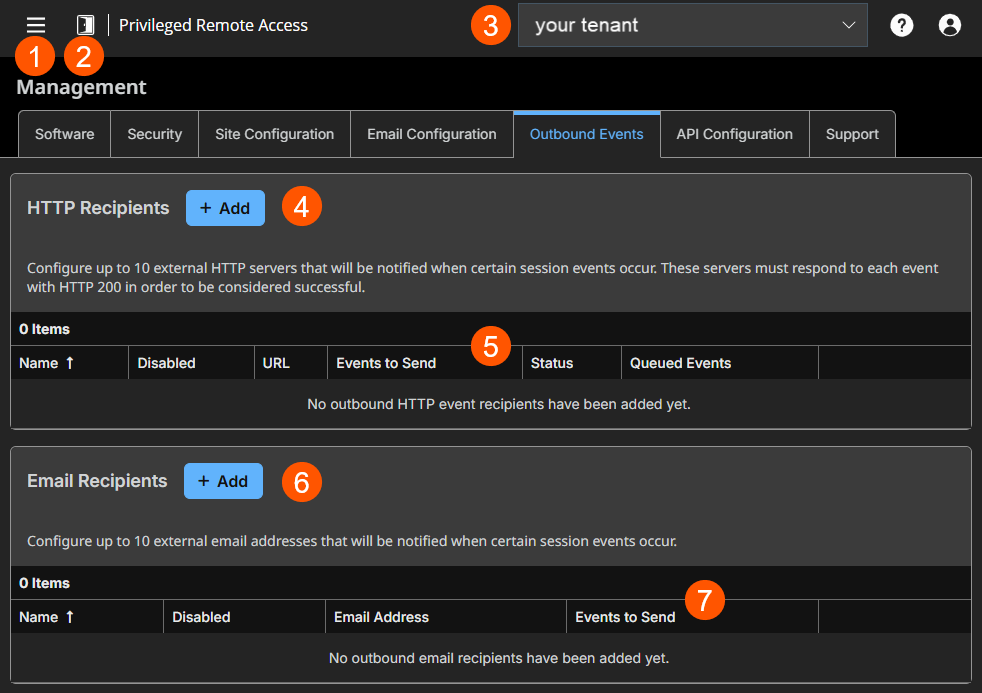 The image shows a management interface for Privileged Remote Access with sections for HTTP Recipients and Email Recipients under the 'Outbound Events' tab. The interface includes options to add new recipients, and displays columns for Name, Disabled, URL, Events to Send, Status, and Queued Events for HTTP Recipients; and Name, Disabled, Email Address, and Events to Send for Email Recipients.
