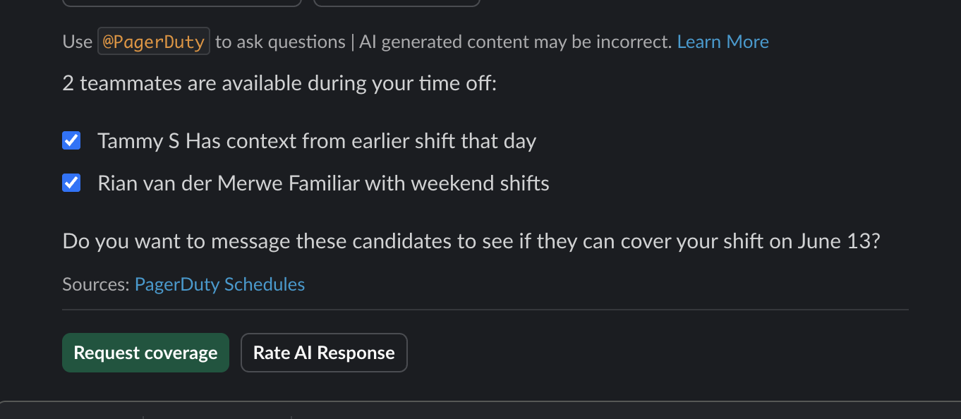 A screenshot of the Slack UI showing potential coverage candidates and the option to message them