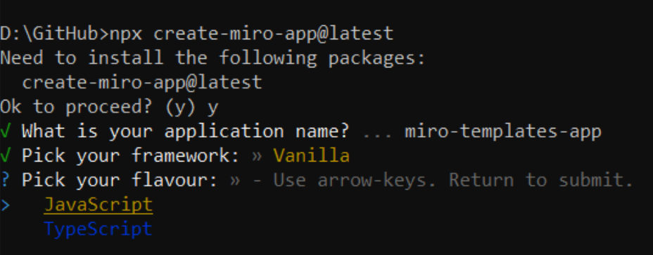 Figure 2. Terminal showing the npx create-miro-app command.