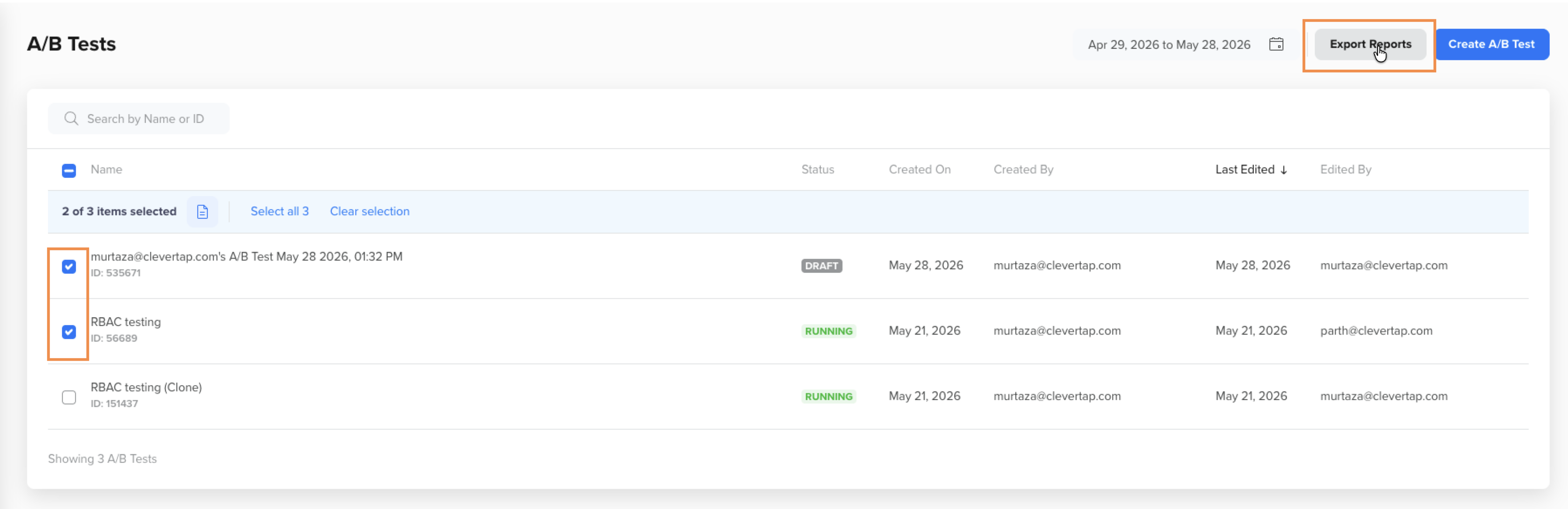 Accessing Exports from the A/B Tests Listing Page