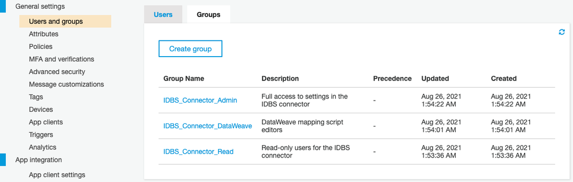 Figure 9. User and Groups Settings in AWS Cognito