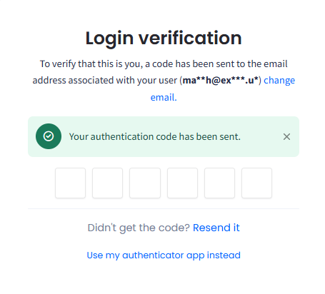 Screenshot of the Login verification screen with six code boxes, the Resend it link, and the Use my authenticator app instead link